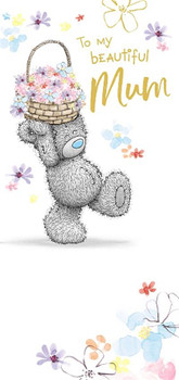 Bear With Basket Of Flowers Mum Birthday Card