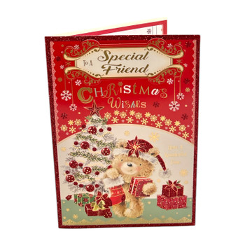 To a Special Friend Teddy With Stocking and Gift Design Christmas Card To a Special Friend Teddy With Stocking and Gift Design Christmas Card