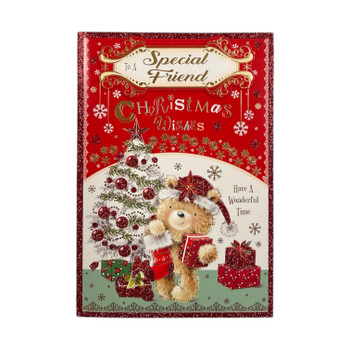 To a Special Friend Teddy With Stocking and Gift Design Christmas Card To a Special Friend Teddy With Stocking and Gift Design Christmas Card
