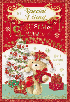 To a Special Friend Teddy With Stocking and Gift Design Christmas Card