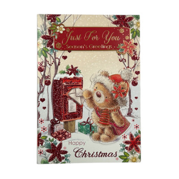 Just For You Teddy At Mail Box Design Open Christmas Card