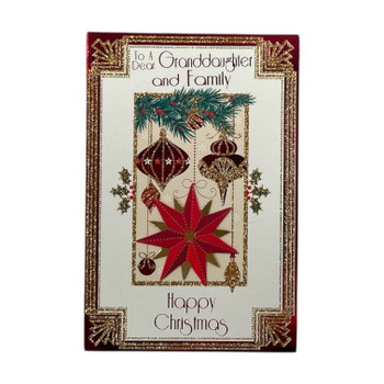For Granddaughter & Family Red & Gold Ornament Christmas Card