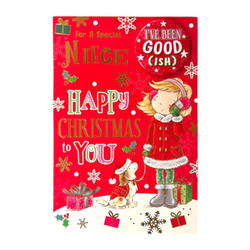 For a Special Niece Santa Pup & Snowflakes Christmas Card With Badge