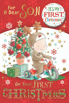For a Dear Son First Christmas Card with Badge