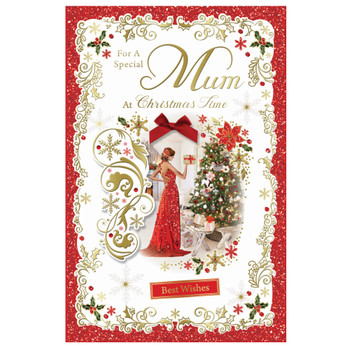 Christmas Wishes To Mum Elegant Red Dress & Festive Decor Card Christmas Wishes To Mum Elegant Red Dress & Festive Decor Card