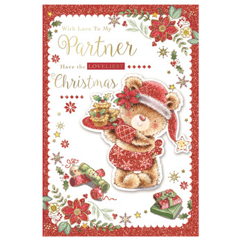 With Love To My Partner Bear Holding Cupcakes Design Christmas Card