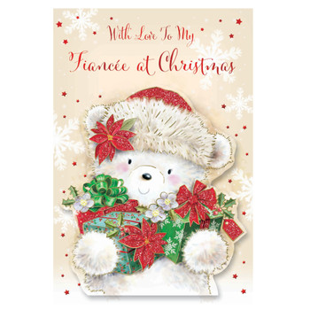 With Love To My Fiancee Cute Bear Holding Gifts Design Christmas Card