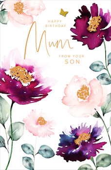 Mum From Son Birthday Card Watercolour Floral Gold Butterfly 