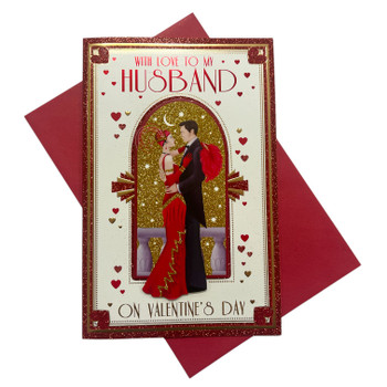 With Love To My Husband On Valentine's Day Gold And Red Glitter Card