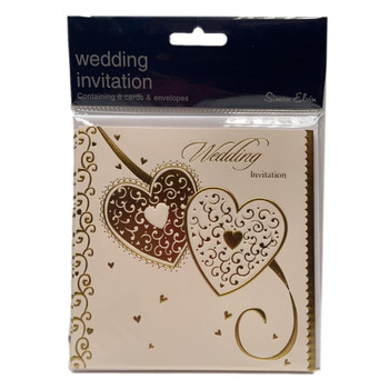 Pack of 6 Wedding Day Invitations Card with Envelopes Two Gold Hearts