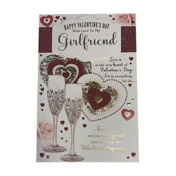 Happy Valentine's Day With Love To My Girlfriend Champagne Glasses And Hearts Design Card