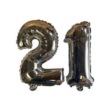 Silver Number 21 Foil Balloons With Ribbon and Straw for inflating