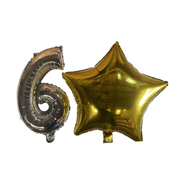 Silver Number 6 and Gold Star Foil Balloons with Ribbon and Straw for Inflating