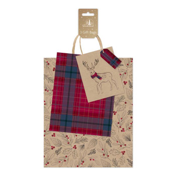 Pack of 3 Tartan Kraft Design Christmas Gift Bags