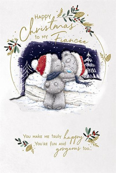 Bears Hugging Over Log Fiancée Christmas Card