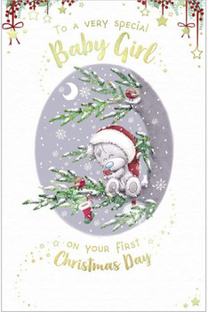 Bear In Tree Special Baby Girl 1st Christmas Card