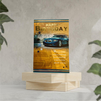 Blue Sports Car Design Gold Birthday Card