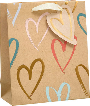 Kraft Hearts Design Medium Gift Bag For Birthdays, Thank You, Congratulations, Anniversary, Valentine's 