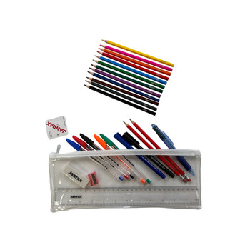 Pack of 6 Stationery Filled White Zip 13x5" Pencil Cases with Colouring Pencils