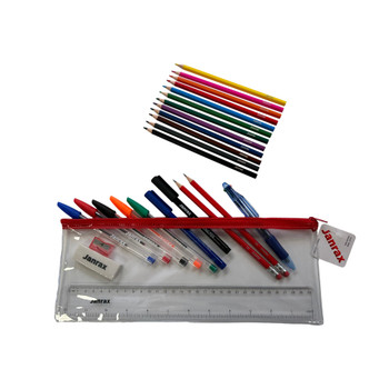 Pack of 12 Stationery Filled Red Zip 13x5" Pencil Cases with Colouring Pencils