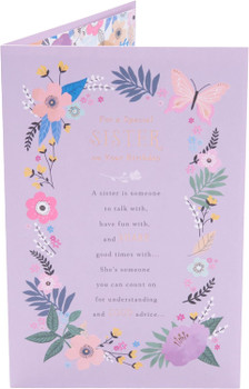 Purple Floral Border Design Sister Birthday Card