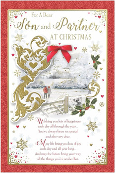 For a Dear Son and Partner Couple Walking in Winter Wonderland Design Christmas Card 