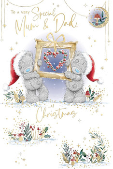 Bears Holding Frame With Heart Mum & Dad Luxury Christmas Card