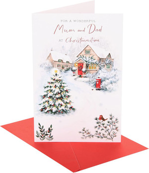 Snowy Village with Postbox Mum & Dad Christmas Card