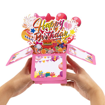 Pink Balloons Fireworks Peach Red 3D Pop Up Birthday Box Card Surprise Gift Box