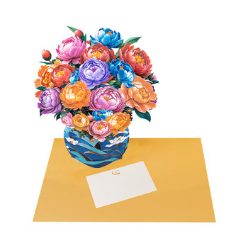 Colorful Grace Peony Bouquet in Blue Vase 3D Pop Up Greeting Card - Birthday Anniversary Mother's Valentine's Day