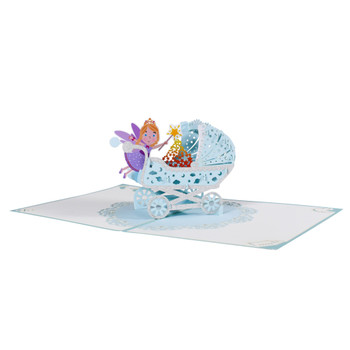 Blue Baby Boy Carriage and Fairy 3D Pop Up Baby Shower Greeting Card