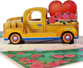 Yellow Vintage Truck with Heart and Roses 3D Pop Up Greeting Card - Wedding Anniversary Valentine's Day