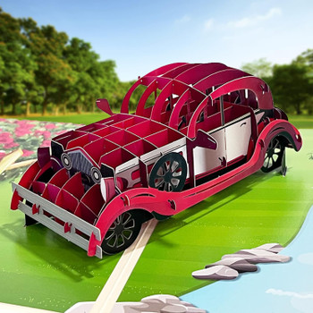 Vintage Red Car 3D Pop Up Greeting Card - Birthday Holiday Event