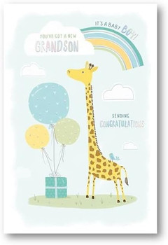 Giraffe, Rainbow & Balloons New Baby Grandson Birth Congratulations Card