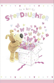 Boofle with Gift Box Lovely Stepdaughter Birthday Card