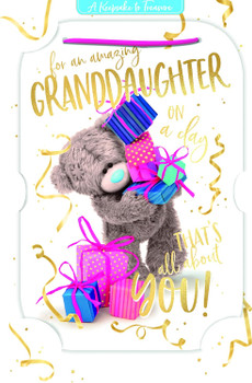 Bear Holding Lots Of Gifts 3D Photo Finish Keepsake Granddaughter Birthday Card