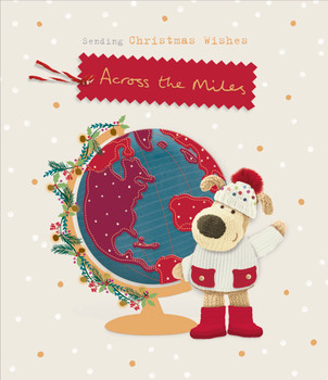 Boofle Stood Next To World Map Across The Miles Christmas Card