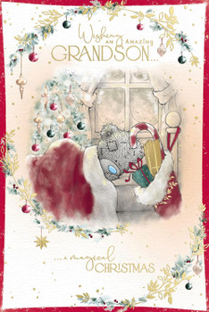 Bear Next To A Stocking Of Presents Amazing Grandson Christmas Card