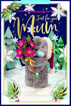 Bear Holding Poinsettia Bouquet Mum 3D Christmas Keepsake Card