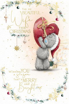 Bear Holding Up Big Red Heart Beautiful Wife Christmas Card