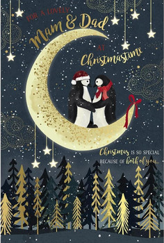 Penguins Stood on Moon Mam & Dad Christmas Card