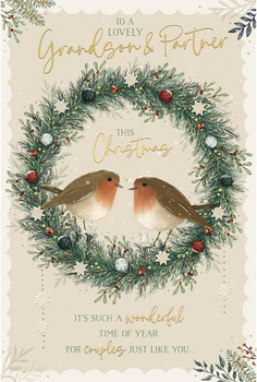 Robins On A Wreath Grandson and Partner Christmas Card