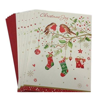 Pack of 6 'Tree Robins & Present' Design Christmas Cards