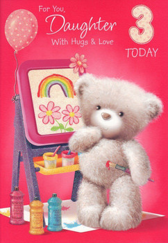 Daughter Age 3 Cut Bear Giltter Effect Nice Verse 3rd Birthday Greeting card Large