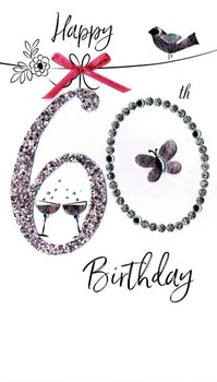 Pink Bird 60th Birthday Card Hand-Finished Champagne Range