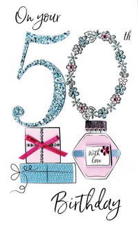 Perfume & Gift 50th Birthday Card Hand-Finished Champagne Range