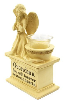 Graveside Memorial Angel Cherub Praying Kneeling with Glass T Lite Holder Cream Stone Finish - Grandma