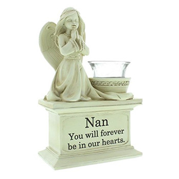 Graveside Memorial Angel Cherub Praying Kneeling with Glass T Lite Holder Cream Stone Finish - Nan