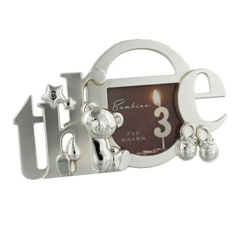 Bambino 3rd Birthday Silver plated Frame Cutout Letters 3" x 3 - 'Three' Age 3