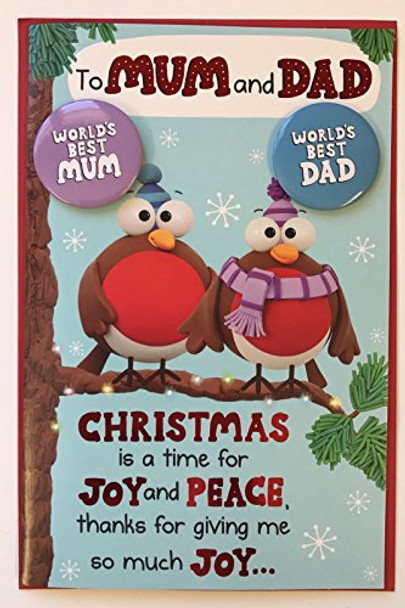 Humour Mum & Dad world`s best mum & dad with Free Badge Christmas Card 